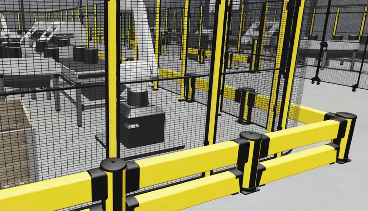 Vue détaillée du showroom numérique Axelent Xperience illustrant la sécurité des robots industriels automatisés grâce aux panneaux grillagés X-Guard et à la protection antichoc X-Protect.