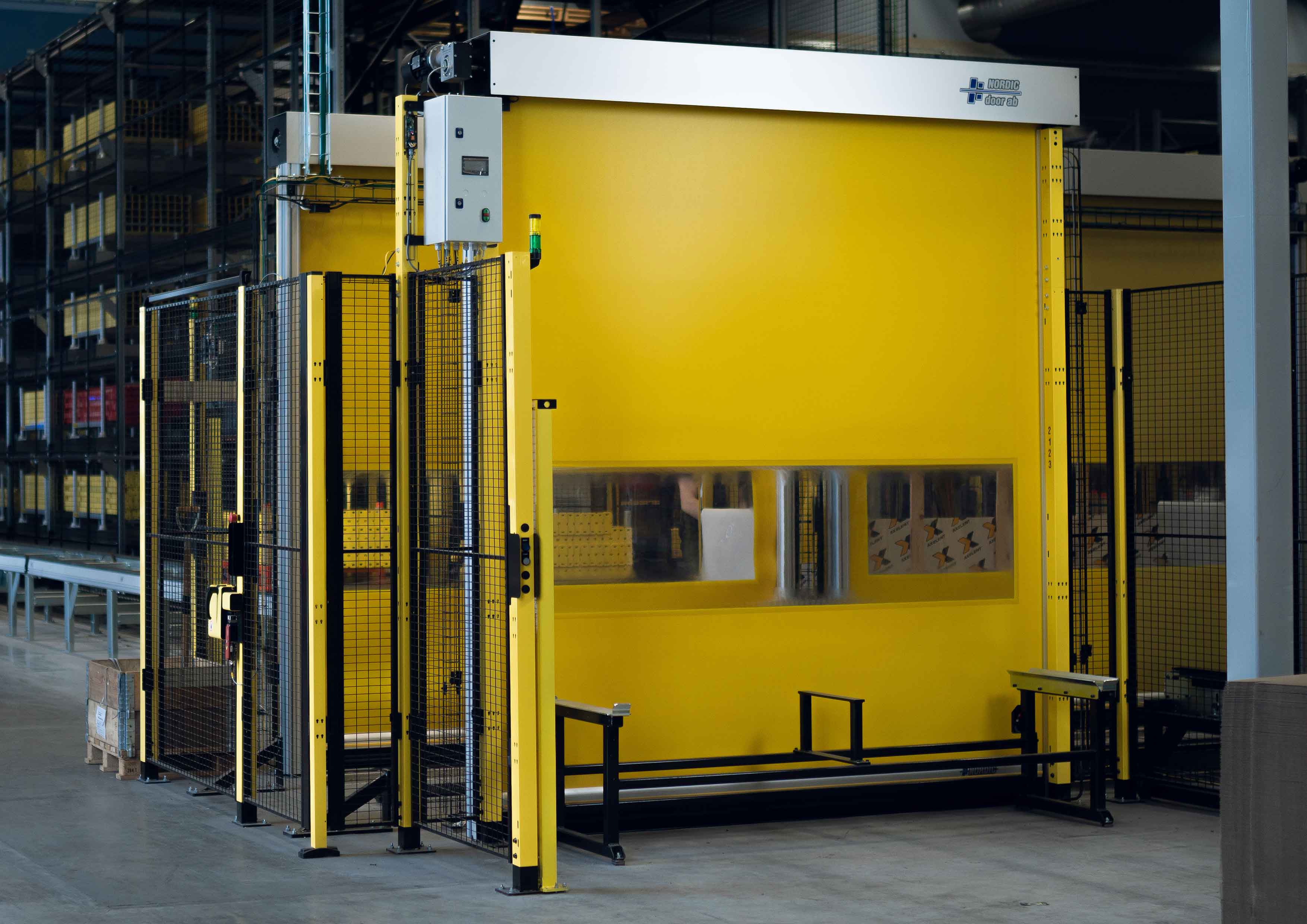 yellow high speed roll door for X-Guard machine guarding