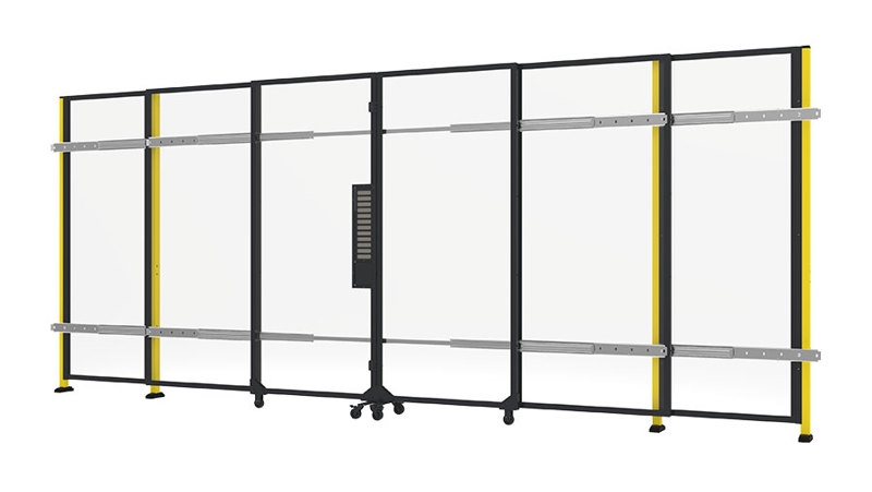 sliding door for machine guarding, without rail and with plastic panels 